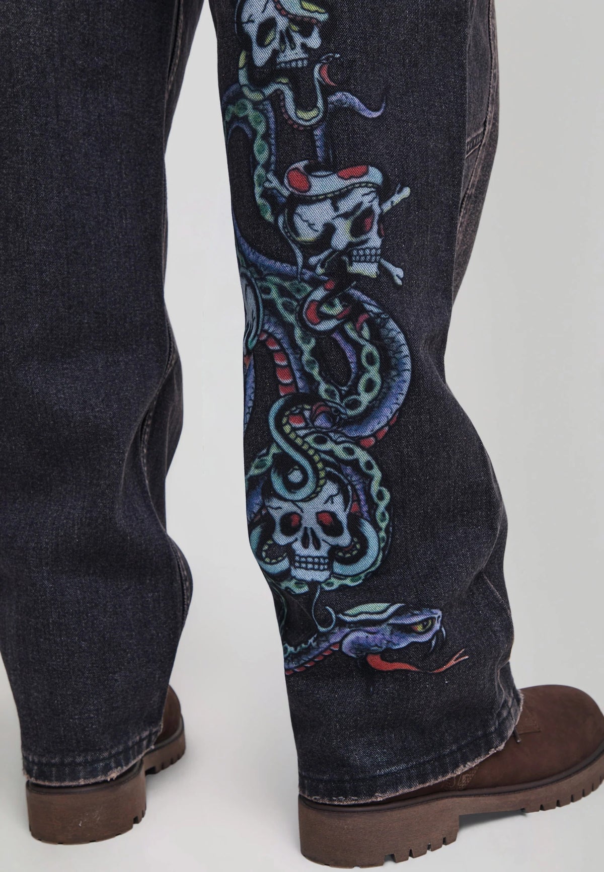 Ed Hardy Serpent Skull Graphic Relaxed Jeans Washed Black - OnSize