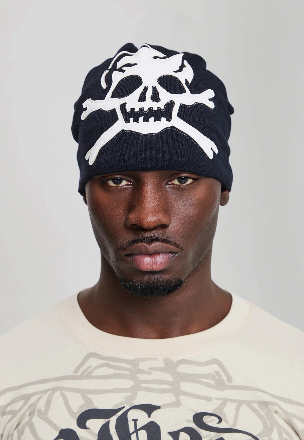 Ed Hardy Skull Vegan Leather Applique Black Beanie - OnSize