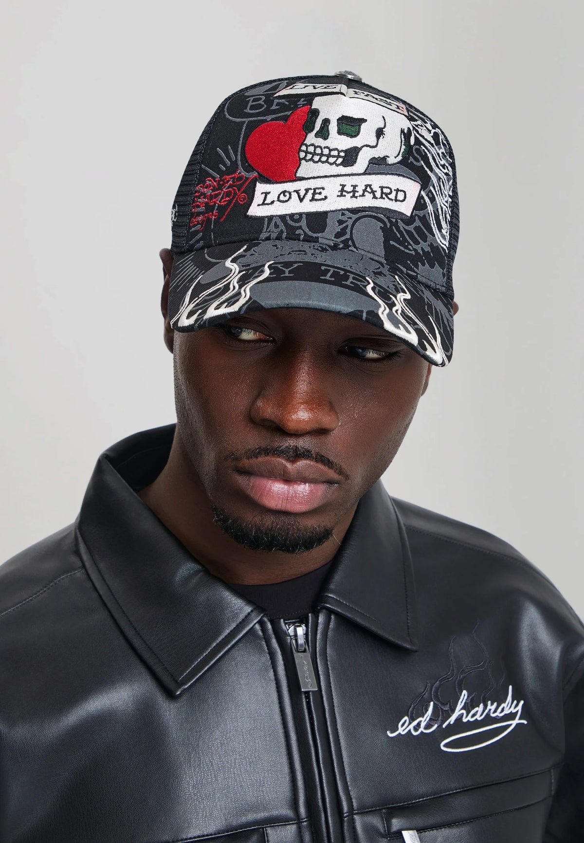 Ed Hardy Live Fast Love Hard 5 Panel Black Trucker Cap - OnSize