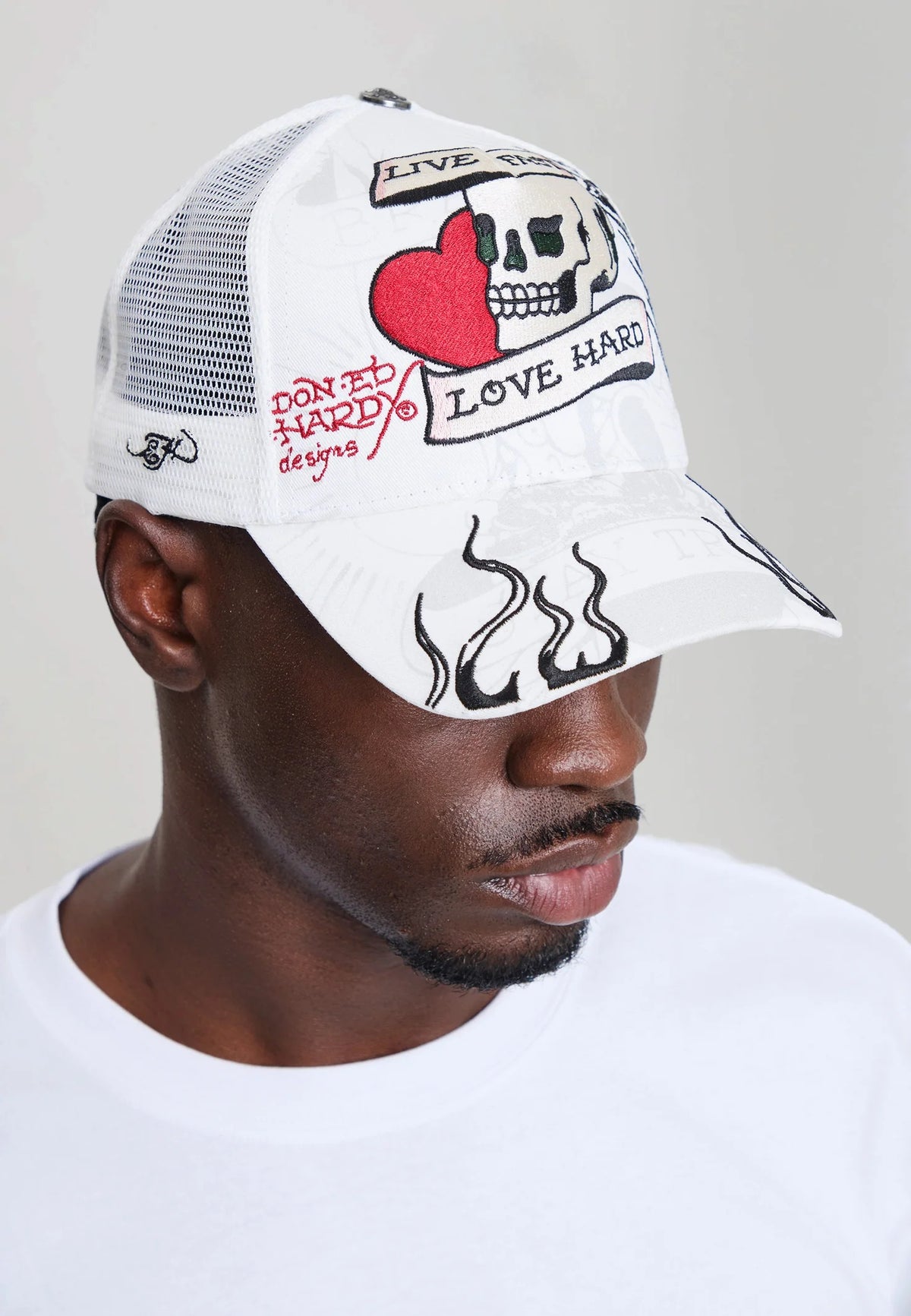 Ed Hardy Live Fast Love Hard 5 Panel White Trucker Cap - OnSize