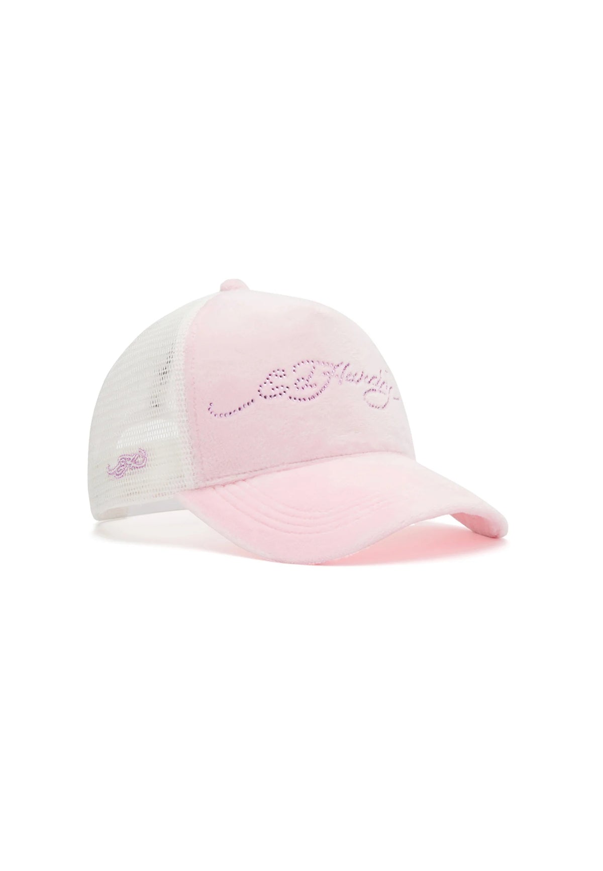 Ed Hardy Diamante Velour 5 Panel Baby Pink Trucker Cap - OnSize