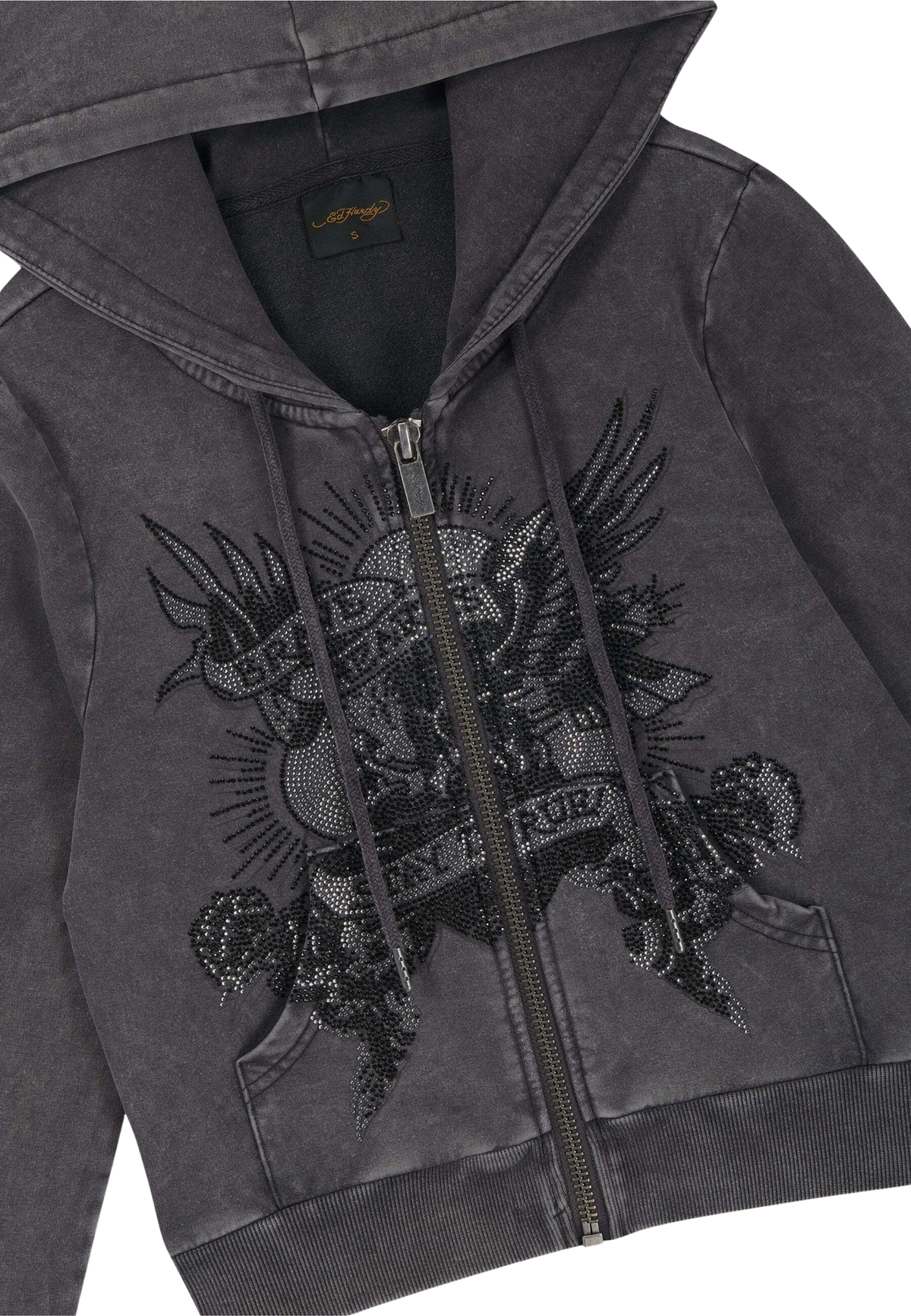 Ed Hardy Stay True Fitted Cropped Washed Zip Thru Hoodie Black - OnSize