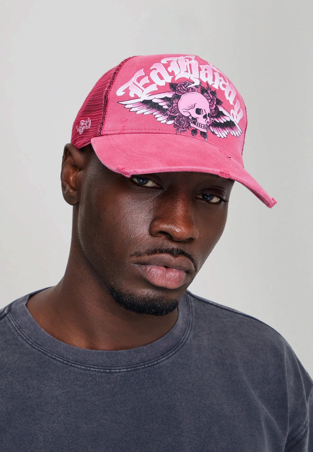 Ed Hardy Flaming Gothic Skull Washed 5 Panel Pink Trucker Cap - OnSize