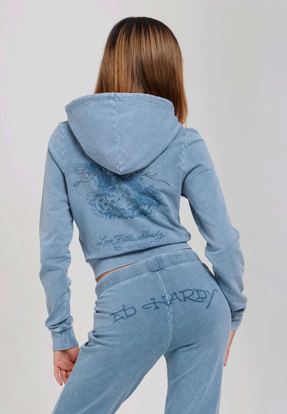 Ed Hardy Stay True Fitted Cropped Washed Zip Thru Hoodie Blue - OnSize