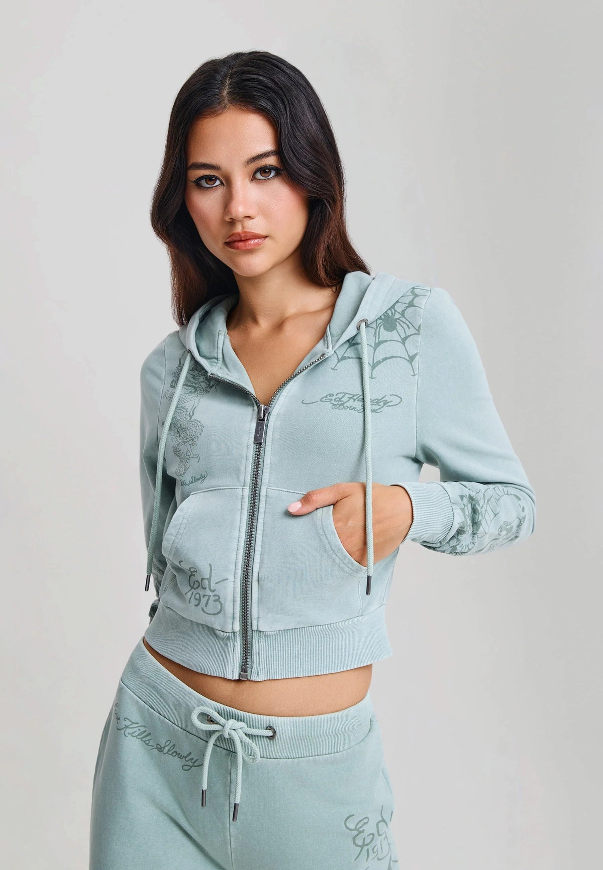 Ed Hardy Multi Tattoo Fitted Zip Thru Acid Wash Hoodie Sage - OnSize