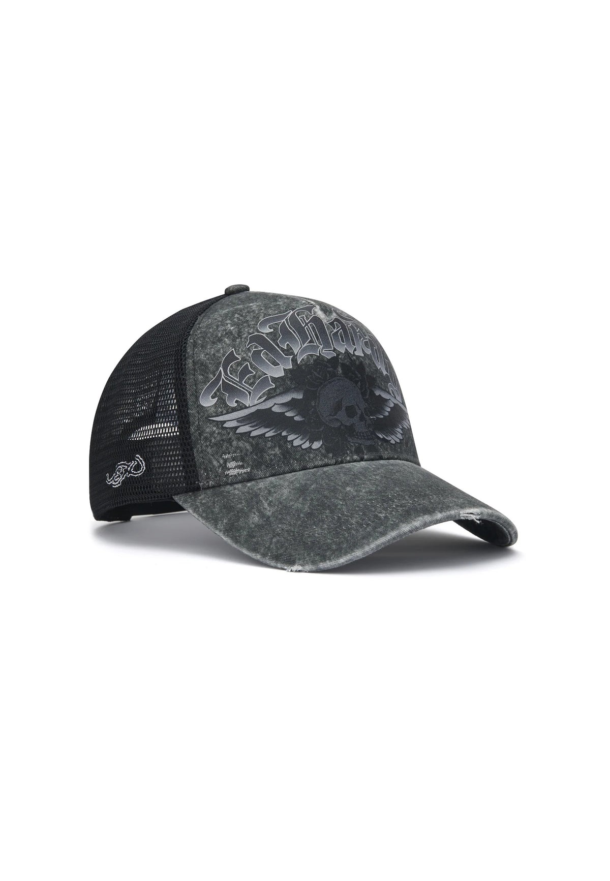 Ed Hardy Flaming Gothic Skull Washed 5 Panel Grey Trucker Cap - OnSize