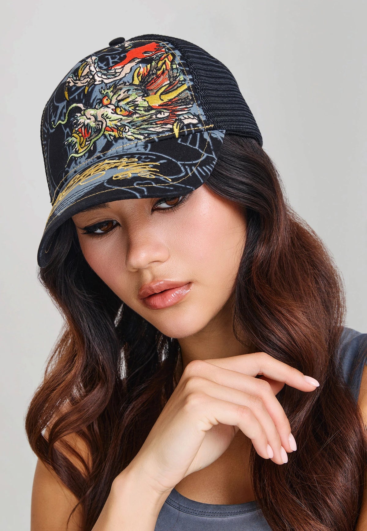 Ed Hardy Crawling Dragon 5 Panel Black Trucker Cap - OnSize